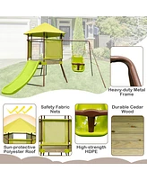 4-in-1 Swing Set with Covered Playhouse Fort and Height Adjustable Baby Seat