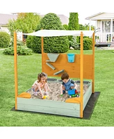 Kids Sandbox with Sand Wall w/ Removable Canopy for Kids 3-8 Years Old