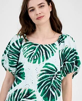 Anne Klein Women's Cotton Eyelet-Embroidered Leaf-Print Top