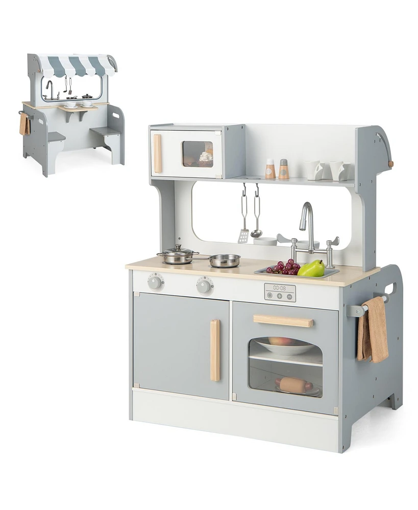 Double Sided Kids Pretend Kitchen Playset with 2-Seat Cafe