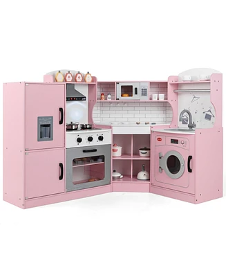 Corner Kids Play Kitchen with Washing Machine and Ice Maker Gift for Boys Girls