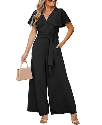 Cupshe Women's Flutter Sleeve V-Neck Tie-Waist Jumpsuit, Created for Macy's