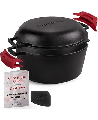 Cuisinel 7-Quart Cast Iron Dutch Oven - Pre-Seasoned 2-in-1 Pot & Skillet Combo with Silicone Handle Covers + Scraper