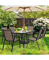 Gymax 7PCS Patio Dining Furniture Set w/ 6 Stackable Armchairs & Umbrella Hole