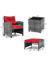 5 Piece Patio Rattan Furniture with 2 Ottomans and Tempered Glass Coffee Table-Red