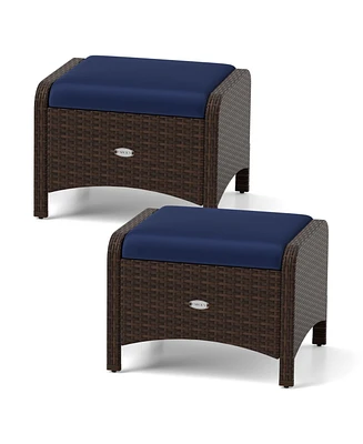 2 Pieces Outdoor Patio Pe Wicker Ottomans with Removable Cushions-Navy