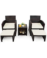 5 Pieces Patio Rattan Furniture Set with Ottoman and Tempered Glass Coffee Table-White