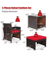 5 Pieces Patio Rattan Furniture Set with Ottoman and Tempered Glass Coffee Table