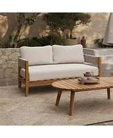 LuxenHome Outdoor Acacia Wood with Rope Sides Club Loveseat with Cushions and Coffee Table