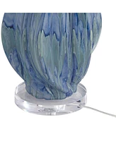 Teresa Modern Coastal Table Lamp 31" Tall Teal Blue Drip Ceramic Beige Fabric Drum Shade Decor for Bedroom Living Room House Bedside Nightstand H
