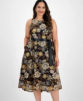 Tahari Asl Plus Embroidered-Mesh Tie-Waist Dress