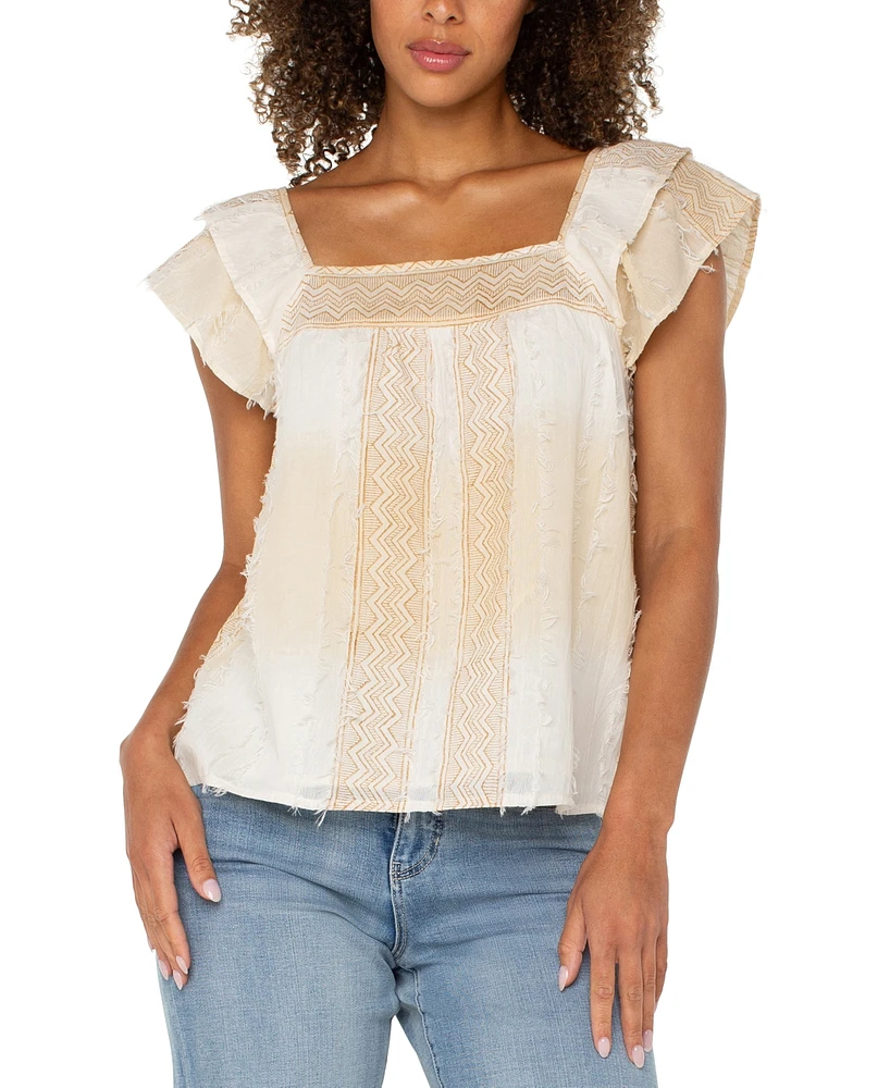 Liverpool Los Angeles Petite Cotton Frayed Square-Neck Top