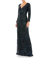 Mac Duggal Women's Ieena Sequined V-Neck Long Sleeve Gown