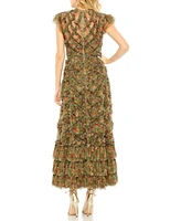 Mac Duggal Women's High Neck Ruffle Cap Sleeve Floral Dress
