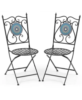 Set of 2 Mosaic Chairs for Patio Metal Folding Chairs-Multicolor
