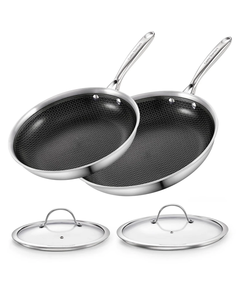 Cooks Standard Hybrid Nonstick Frying Pan Set, 10 and 12-Inch Multi-Ply Clad Stainless Steel 2 Piece Skillet with Tempered Glass Lids, Oven Safe, Comp