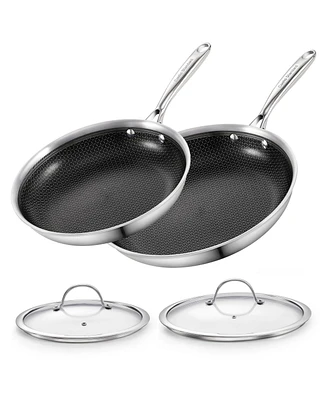 Cooks Standard Hybrid Nonstick Frying Pan Set, 10 and 12-Inch Multi-Ply Clad Stainless Steel 2 Piece Skillet with Tempered Glass Lids, Oven Safe, Comp
