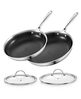 Cooks Standard Hybrid Nonstick Frying Pan Set, 10 and 12-Inch Multi-Ply Clad Stainless Steel 2 Piece Skillet with Tempered Glass Lids, Oven Safe, Comp