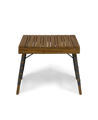 Outdoor Folding Side Table with Woven Accents, Wooden End Table for Living Room, 19 Inch Patio Side Table