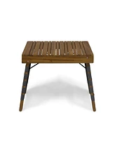 Outdoor Folding Side Table with Woven Accents, Wooden End Table for Living Room, 19 Inch Patio Side Table
