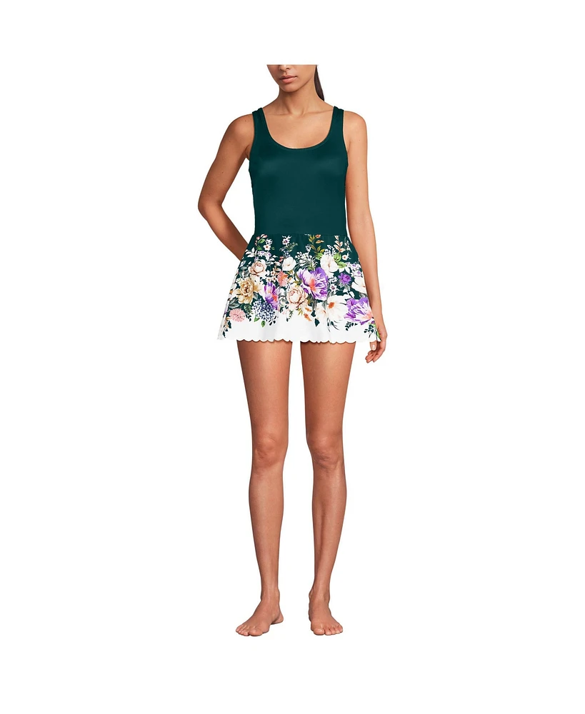 Lands' End Women's Long Tugless Scallop Swim Dress Swimsuit