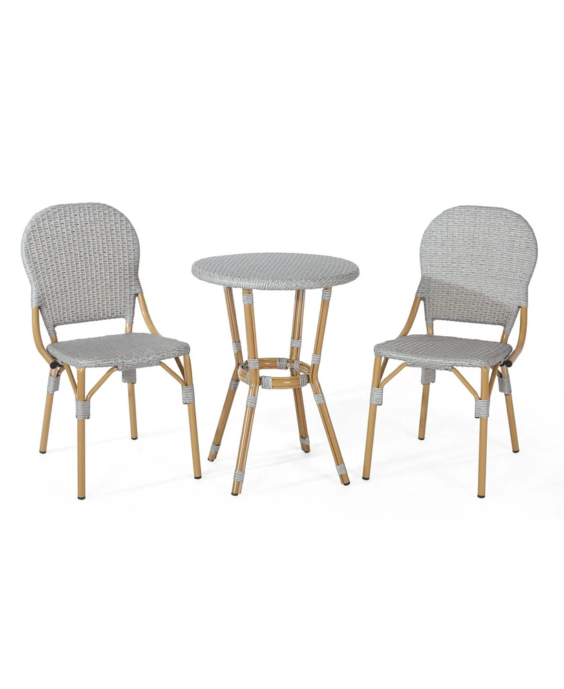 Outdoor Aluminum Armless French Bistro Set, 3-Piece, Gray and Bamboo Finish