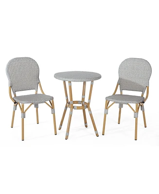 Outdoor Aluminum Armless French Bistro Set, 3-Piece, Gray and Bamboo Finish