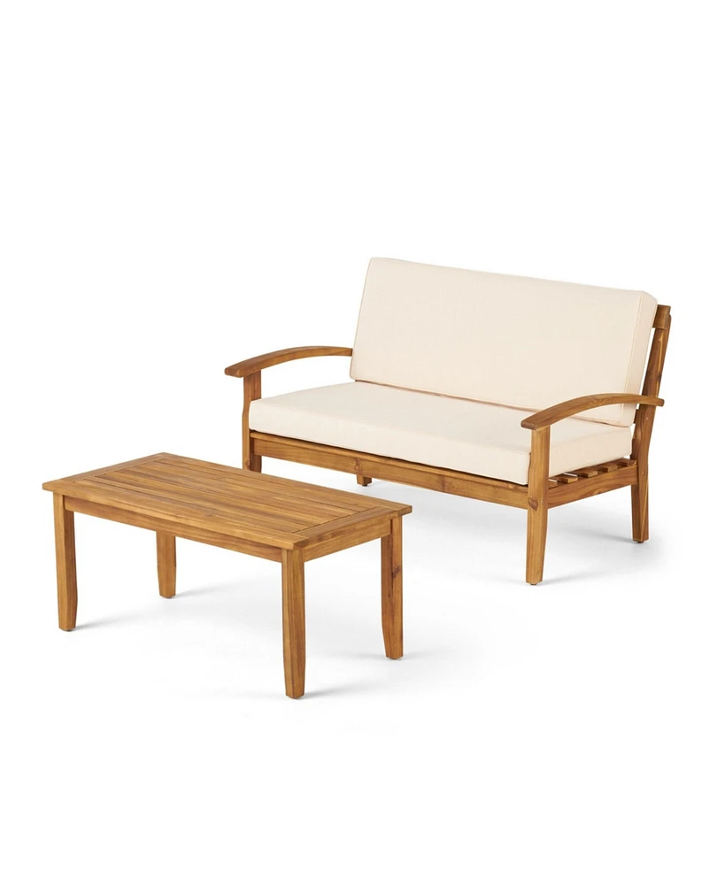 2 Pieces Acacia Wood Outdoor Loveseat with Coffee Table and Beige Cushions for Patio Backyard