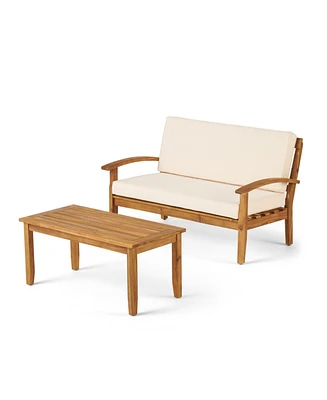 2 Pieces Acacia Wood Outdoor Loveseat with Coffee Table and Beige Cushions for Patio Backyard