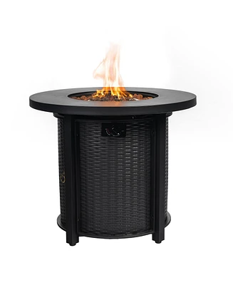 30 in. Round 40,000 Btu Outdoor Propane Fire Pit Table with Steel Tabletop, Lid and Rocks