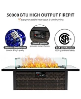 44 in. Rectangle 50,000 Btu Outdoor Propane Gas Fire Pit Table with Lid and Glass Beads, Glass Wind Guard