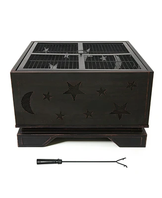 26 in.Outdoor Square Wood-Burning Fire Pit Table with Grill and Poker, Large Burning Space Fireplace for Picnic Bonfires