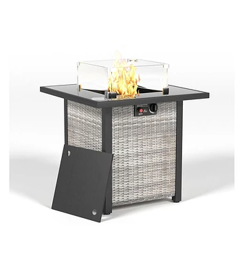 28 in. Outdoor Wicker Propane Fire Pit Table, 50000 Btu Gas Firepits Tempered Glass Tabletop Glass Wind Guard