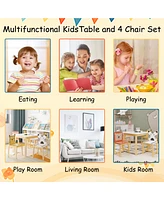 5 Piece Kiddy Table and Chair Set , Kids Wood Table with 4 Chairs Set Cartoon Animals