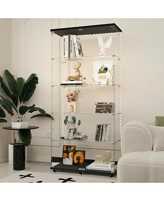 Black Tempered Glass Cabinet w/ Led, Lock & Wheels