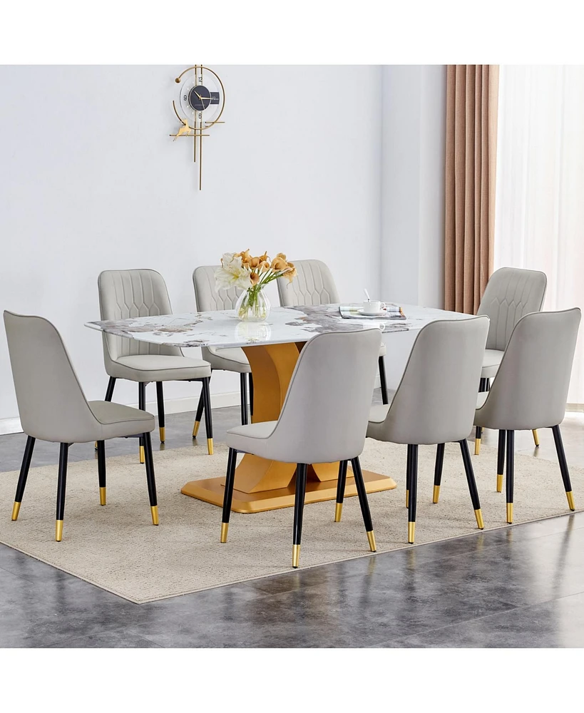 71" Pandora Glass Dining Set w/ 8 Gray Pu Chairs