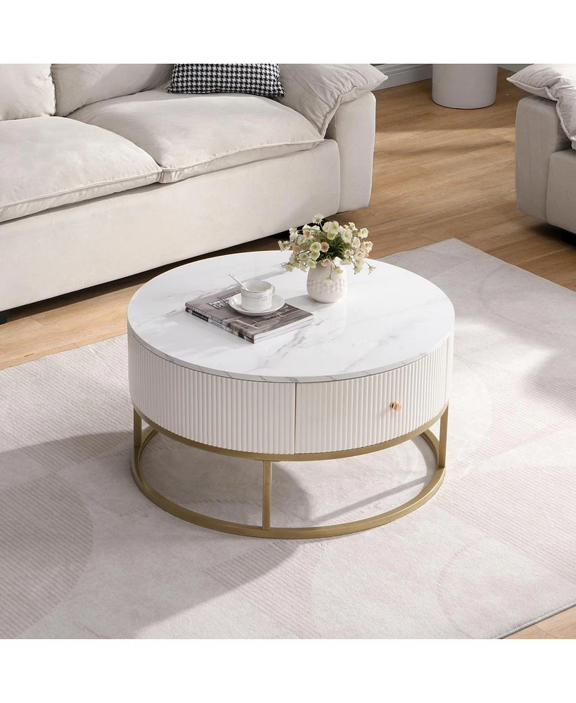 31.5" Round Coffee Table w/ Drawers, Faux Marble Top