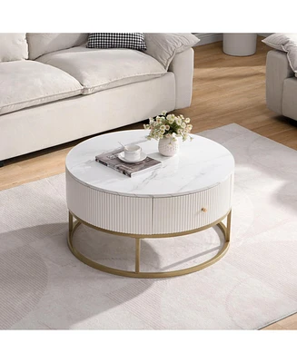 31.5" Round Coffee Table w/ Drawers, Faux Marble Top
