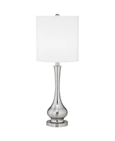 32" Tall Gourd Large Modern End Table Lamps Set of 2 Silver Brushed Steel Finish Metal White Shade Living Room Bedroom Bedside Nightstand House O