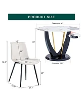 42" Round Glass Dining Set: Marble Table & 6 White Pu Chairs