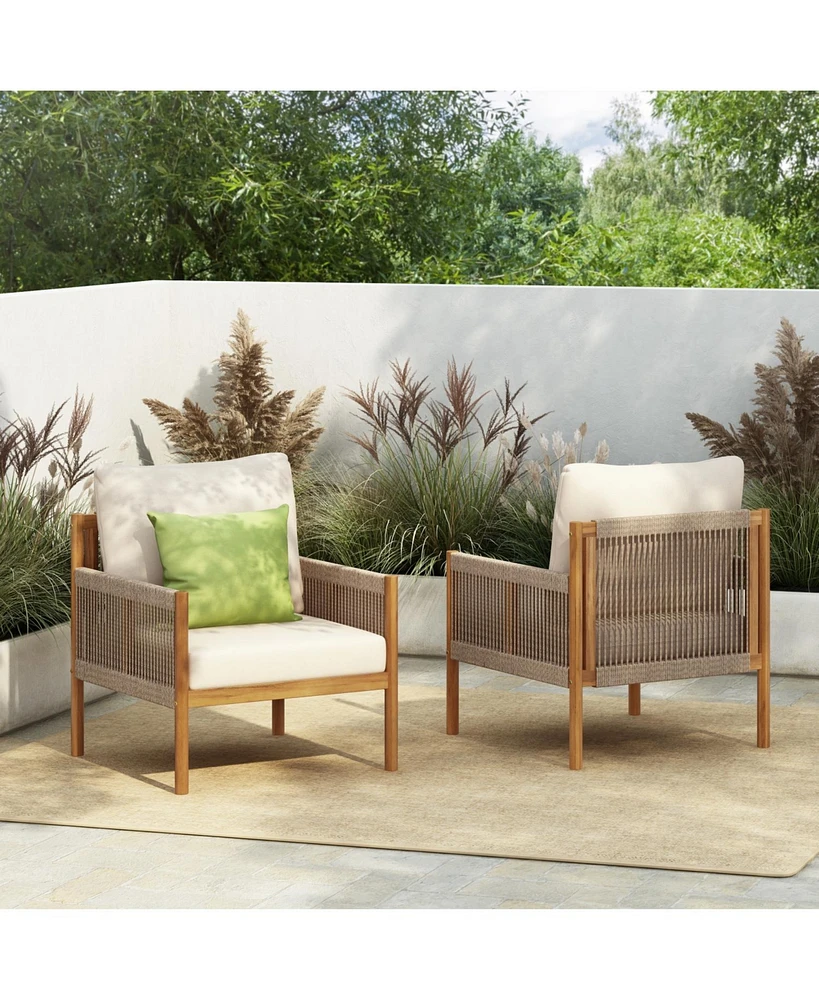 Woven Outdoor Lounge Chairs - Wood Frame & Cushions (Set of 2)