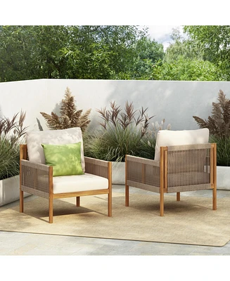 Woven Outdoor Lounge Chairs - Wood Frame & Cushions (Set of 2)