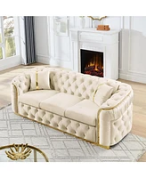 90" Velvet Tufted Chesterfield Sofa - Beige