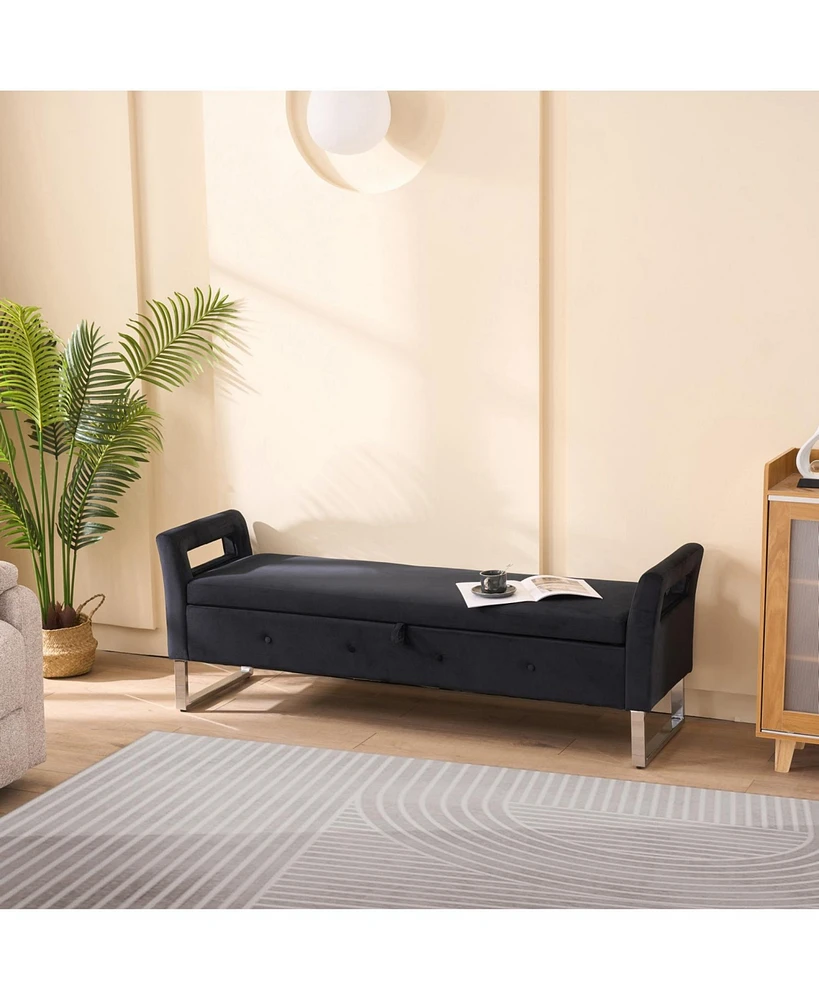Black Velvet Storage Bench with Armrests - 67.91" Wide