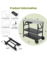 3 Tiers Foldable Outdoor Cart on 2 Wheels with Phone Holder