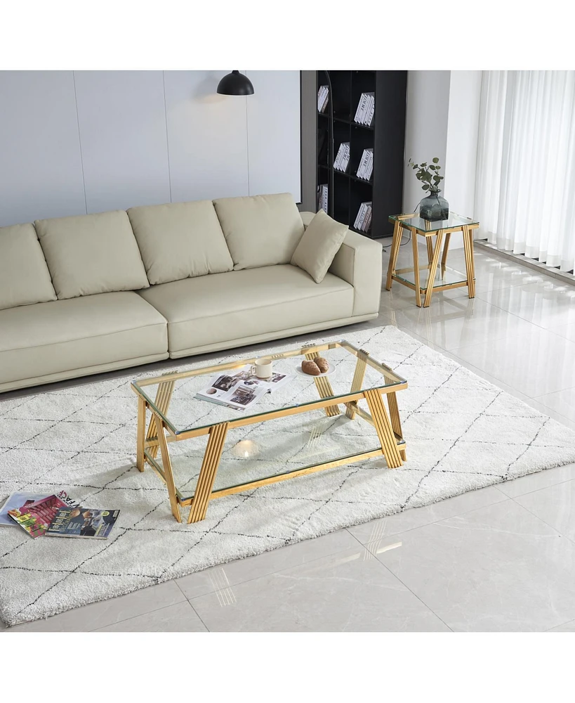 Gold Coffee Table Set, Glass Top, 2-Piece