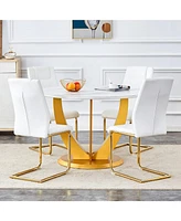 Snow Mountain White Round Dining Set - 47" Table & 4 White/Gold Chairs