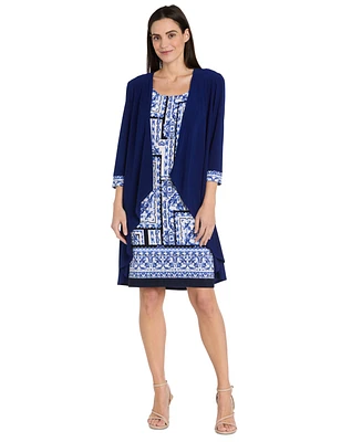 R & M Richards Women's Border Print Jacket and Necklace Dress Set