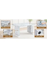 White Marble Dining Set - 6 Pu Chairs, Silver Legs