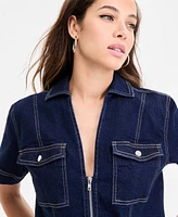 Bar Iii Women's Seamed Denim Zip-Front Top, Exclusively at Macy's